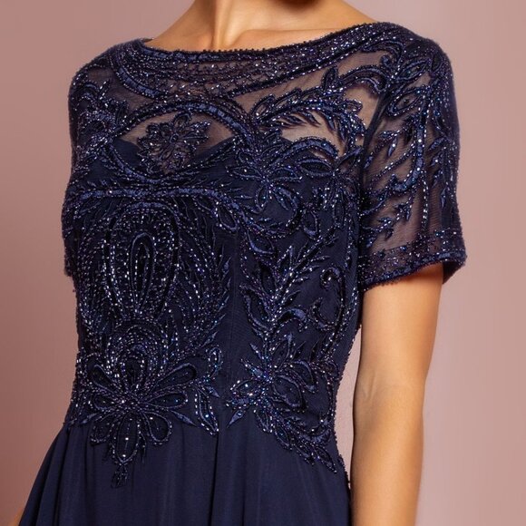NEW LONG CHIFFON A-LINE DRESS WITH CAP SLEEVES EMBROIDERED WITH LACE GL2683 - Picture 4 of 12